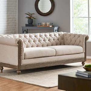 Retro Style 79 in. W Rolled Arm Polyester Fabric Rectangle Sofa in Beige with Button-Tufted Backrest, Wooden Legs