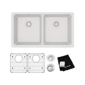 Quartz Classic White Quartz 33 in. Equal Double Bowl Undermount Kitchen Sink with Bottom Grid and Drain