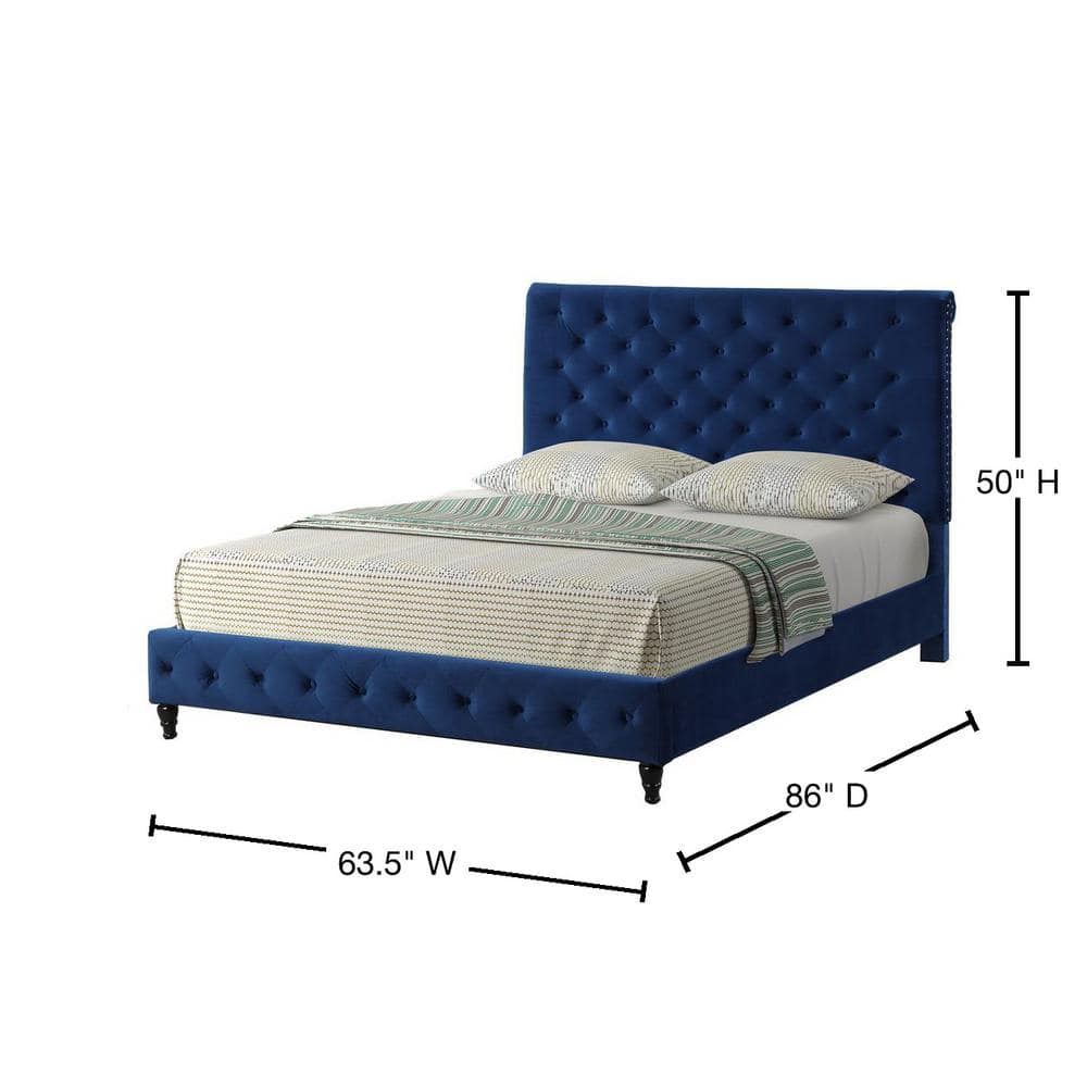 Queen Blue Velvet Tufted Upholstered Bed with Nailhead Trim