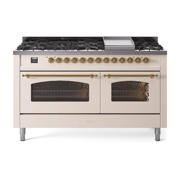 Nostalgie II 60 in. 9 Burner Dual Fuel Natural Gas Range in Antique White with Brass Trim