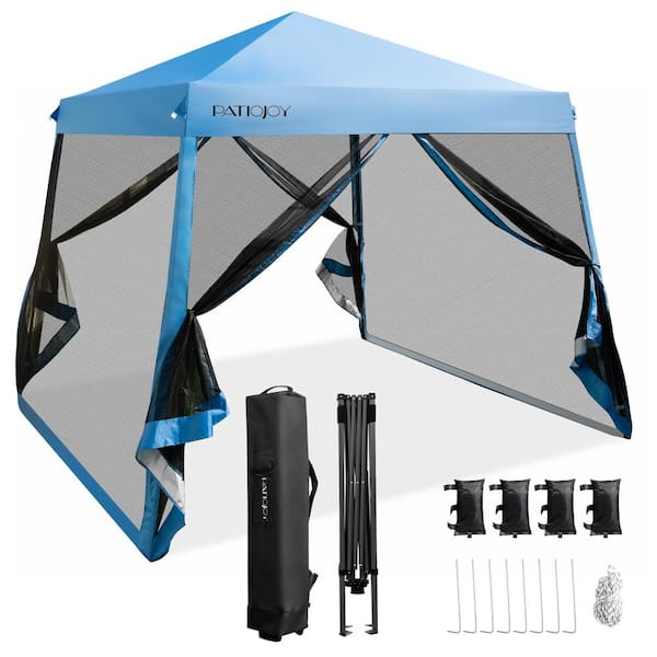 Costway 10 ft. x 10 ft. Blue Patio Outdoor Instant Pop-up Canopy Slant Leg Mesh Tent Folding