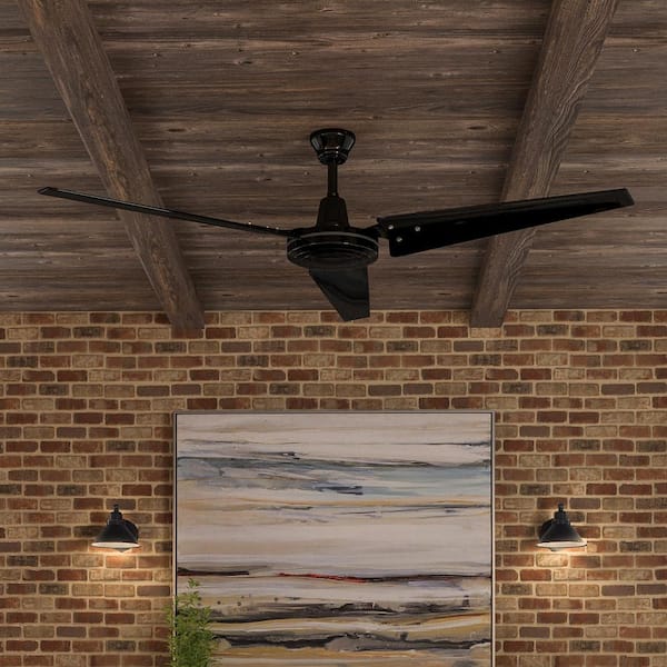 Hampton Bay Industrial 60 in. Indoor/Outdoor Black Ceiling Fan with Wall Control, Downrod and Powerful Reversible Motor