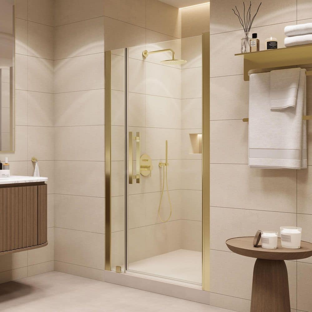 Pasadena 37 3/8 in. to 39 3/8 in. W x 72 in. H Pivot Alcove Frameless Shower Door in Brushed Gold price history on PriceWatchPro