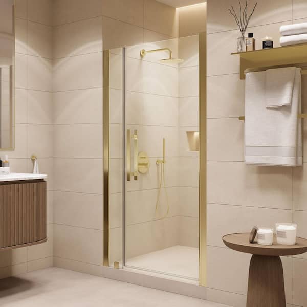 Pasadena 37 3/8 in. to 39 3/8 in. W x 72 in. H Pivot Alcove Frameless Shower Door in Brushed Gold