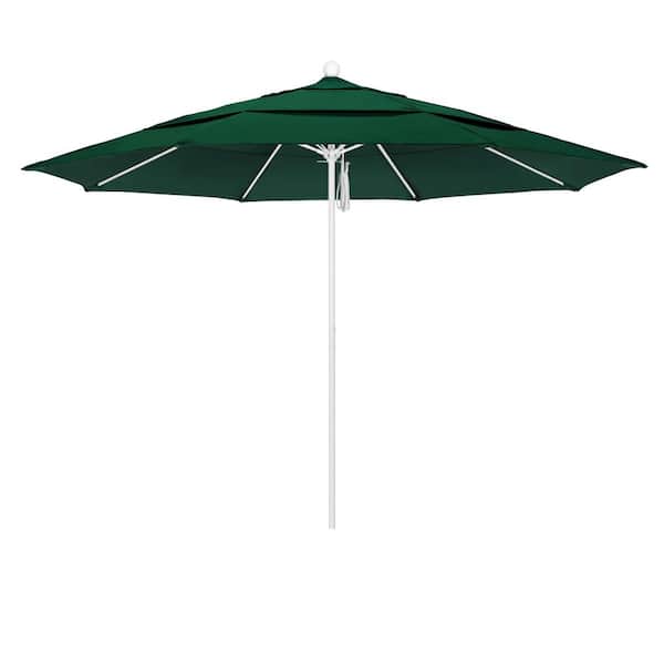 California Umbrella 11 ft. White Aluminum Commercial Market Patio Umbrella with Fiberglass Ribs and Pulley Lift in Forest Green Sunbrella