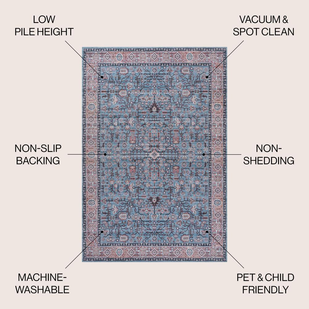 Persian-Inspired Blue and Red Chenille Washable Area Rug