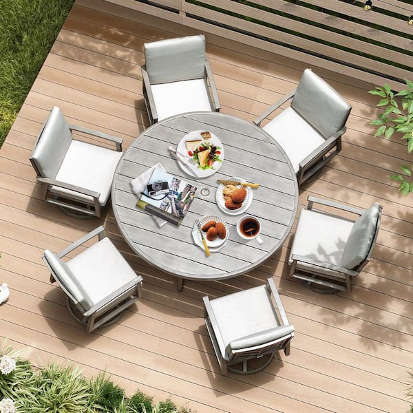 Amario 7-Piece Aluminum Outdoor Dining Set with Cushion, 6 Swivel Chairs and Round Dining Table