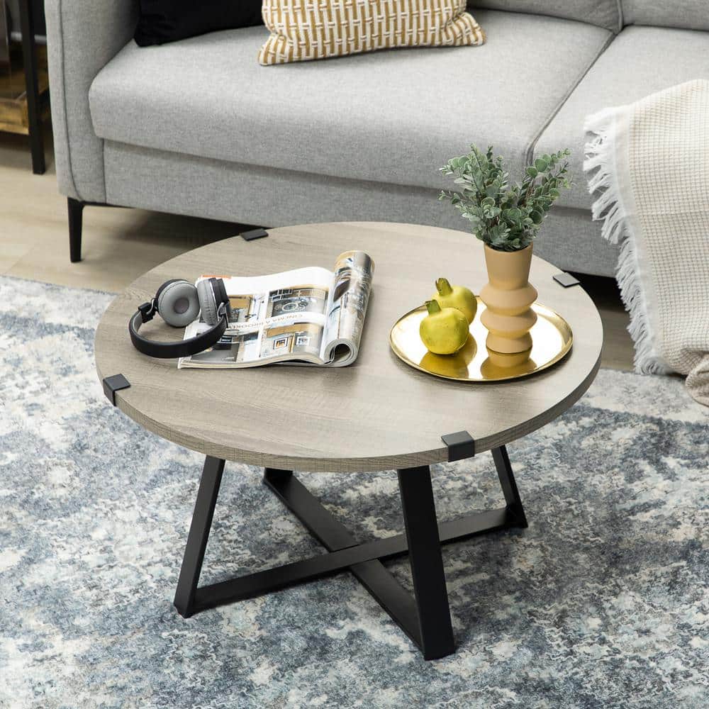 Round Light Gray Wood and Metal Coffee Table
