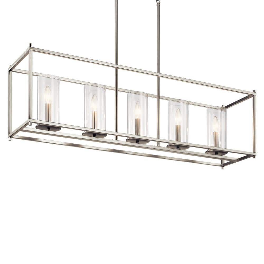 Sleek 5-Candle Linear Chandelier in Brushed Nickel with Clear Glass