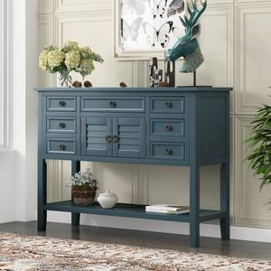 45 in. Blue Rectangle Wood Console Table with 7-Drawers Buffet Table with Cabinet and Bottom Shelf for Living Room