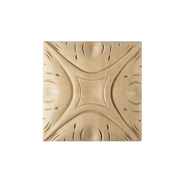 Waddell Square Rosette Applique - Small, 2.5 in. x 2.5 in. - Hand Carved Unfinished Alder Wood - DIY Elegant Home Design Accent
