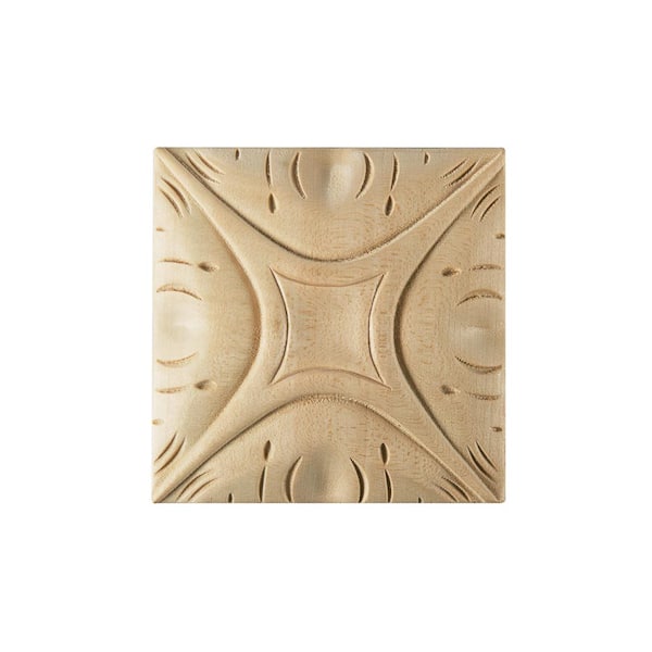 Waddell Square Rosette Applique - Small, 2.5 in. x 2.5 in. - Hand Carved Unfinished Cherry Wood - DIY Elegant Home Design Accent