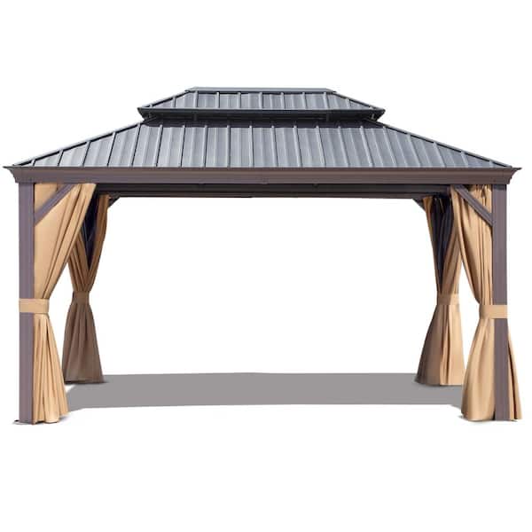 JOYSIDE 12 ft. x 16 ft. Aluminum Outdoor Double Galvanized Steel Roof Gazebo with Ceiling Hook, Mosquito Netting and Curtains
