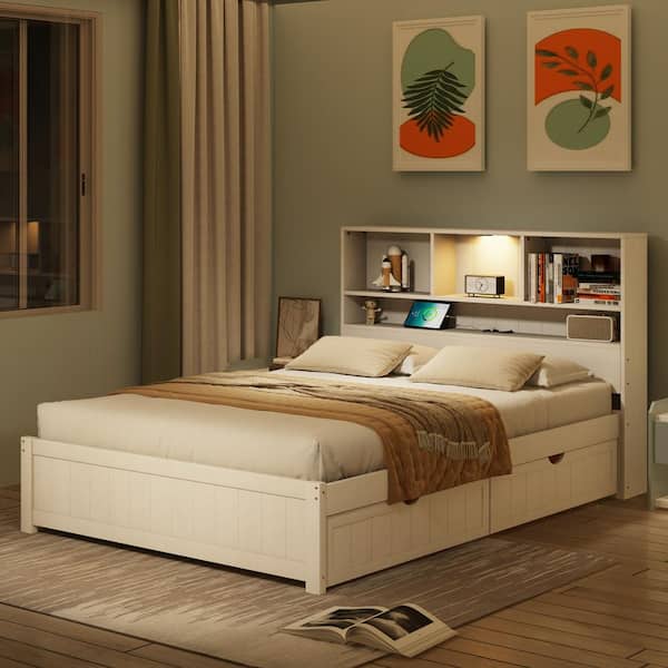 White Wood Frame Full Platform Bed with Bookcase Headboard