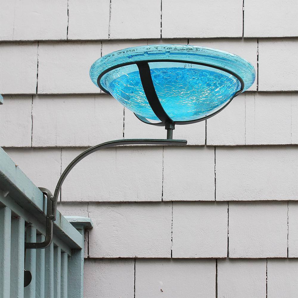 Teal Crackle Glass Birdbath with Black Rail Mount Bracket
