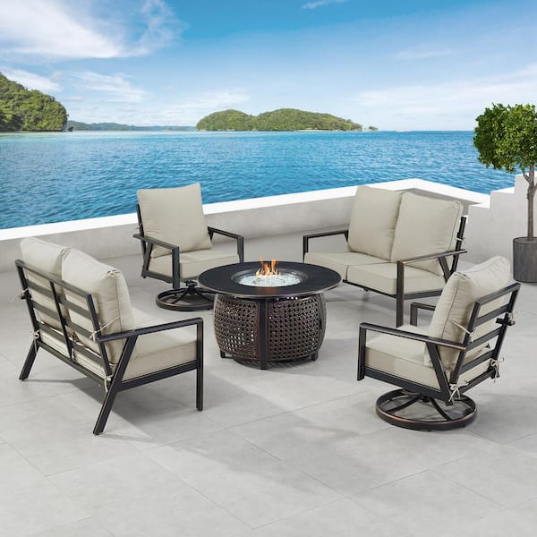 Oakland Living Black 7-Piece Aluminum Patio Fire Pit with 2-Deep Seating Loveseat and 2-Club Chairs Light Grey Cushions