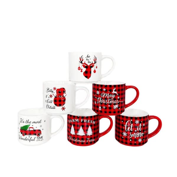 16 oz. Multi-Colored Plaid and White Christmas Large Ceramic Coffee Mugs for Hot Cocoa (Set of 6)