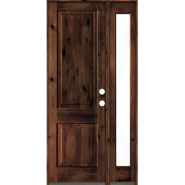 Krosswood Doors 44 in. x 96 in. knotty alder Left-Hand/Inswing Clear Glass Red Mahogany Stain Square Top Wood Prehung Front Door w/RFSL