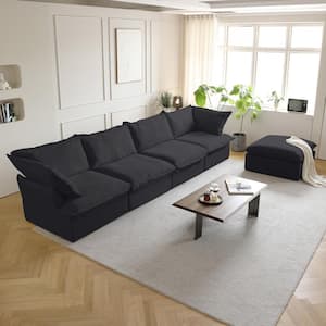 162 in. Flared Arm Linen Fabric 5-Piece Free Combination Modular Sectional Sofa with Ottoman in Black