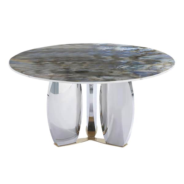 Monland Modern Round Medium Flower White Artificial Stone Top 53.15 in. Stainless Steel Mirror Pedestal Dining Table (4 Seats)