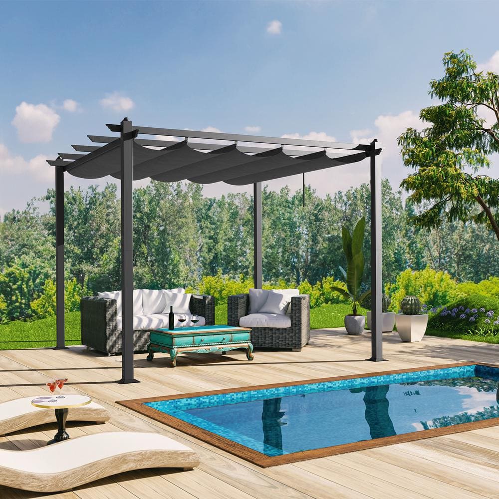10 ft. x 10 ft. Gray Metal Patio Pergola with Retractable Canopy