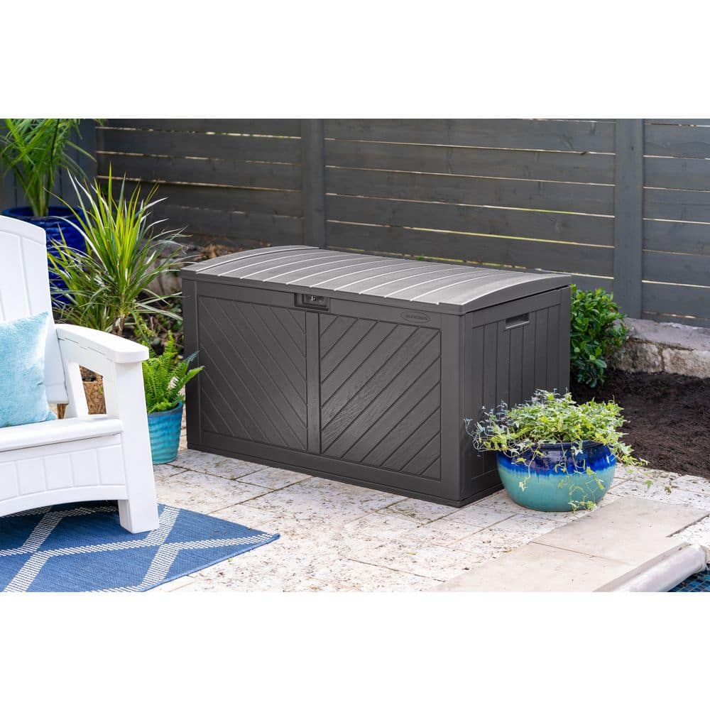Large Gray Lockable Resin Deck Box with Hinged Lid