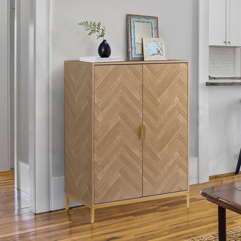 Natural Oak Herringbone Pattern 2-Door Accent Cabinet with Gold Base