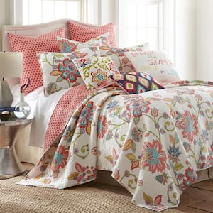 Clementine Spring 3-Piece Coral and Teal Floral Cotton Full/Queen Quilt Set