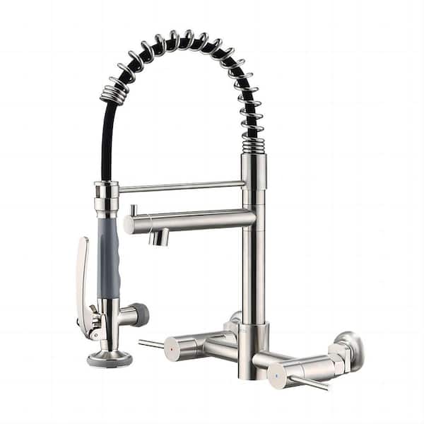 Wall Mount Double Handle Bridge Kitchen Faucet with High Pressure Sprayer in Brushed Nickel
