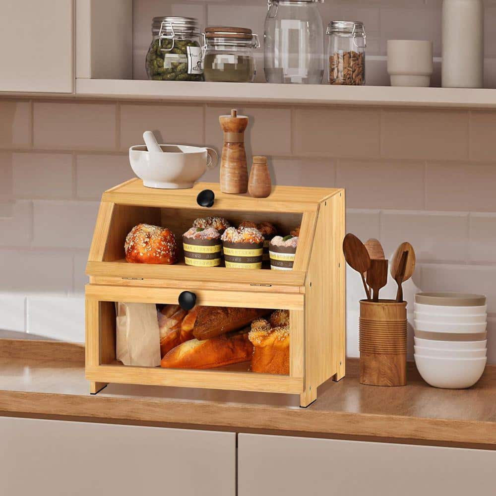 JFVKAF Farmhouse Bamboo Bread Box Countertop with Large Capacity
