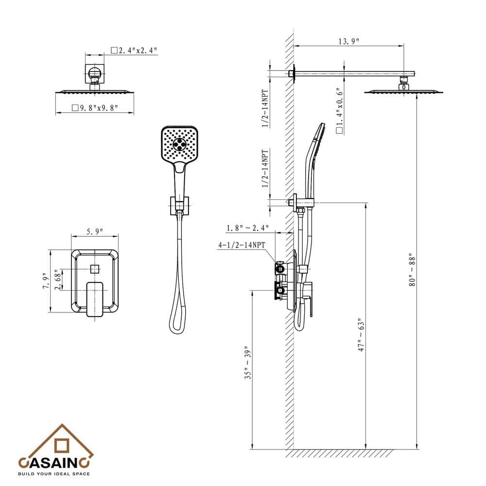 Chrome Dual Square Rain Handheld Wall Mounted Shower System