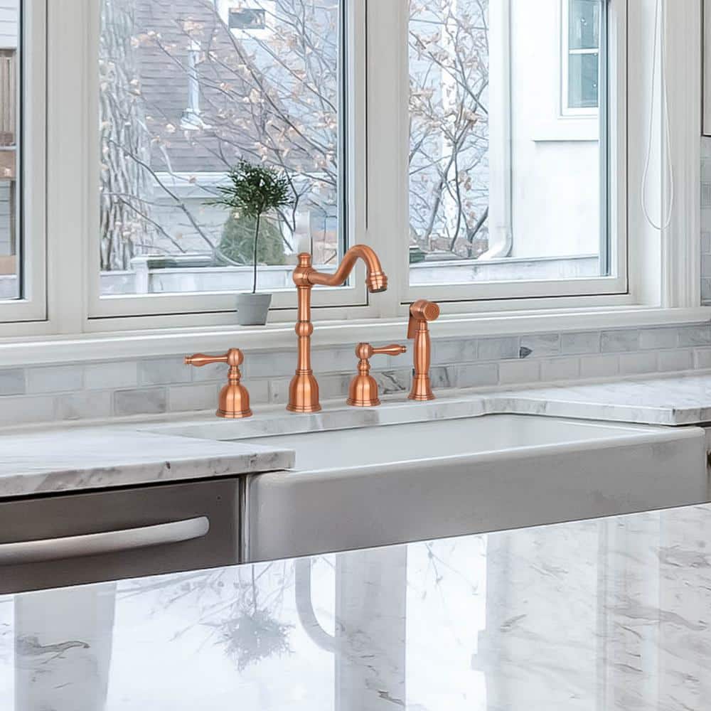 Brushed Copper Double-Handle Widespread Kitchen Faucet with Side Spray