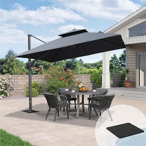 10 ft. Square 2-Tier Aluminum Cantilever 360° Rotation Patio Umbrella with Base in Ground, Gray