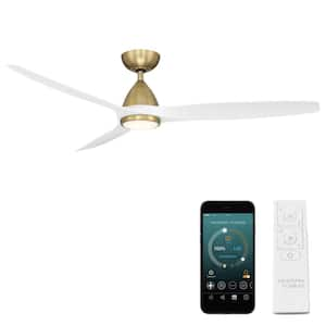 Skylark 62 in. 3-Blade Smart Indoor/Outdoor Ceiling Fan in Soft Brass Matte White 3000K Integrated LED and Remote