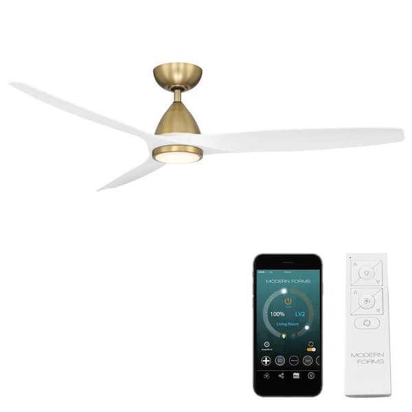 Modern Forms Skylark 62 in. 3-Blade Smart Indoor/Outdoor Ceiling Fan in Soft Brass Matte White 3000K Integrated LED and Remote