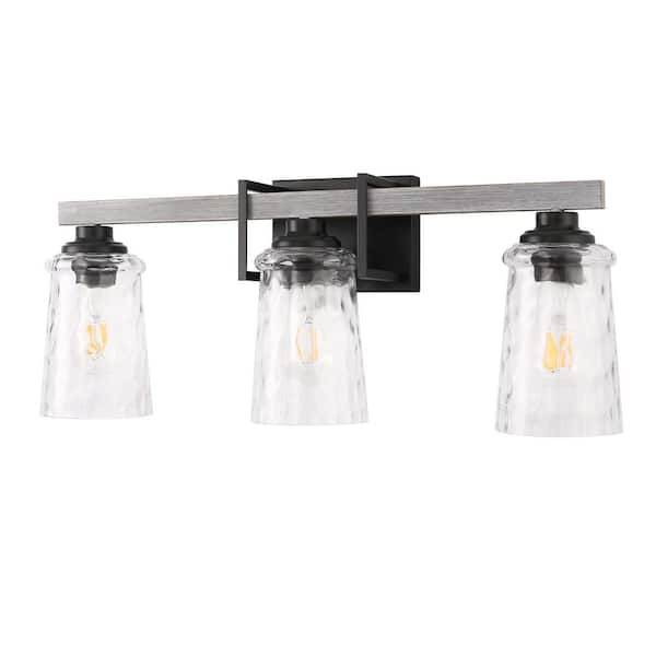 Briignite 26 in. 3-Light Black Damp Rated Vanity Light with Glass Shade Dimmable No Bulbs Included