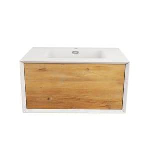 30 in. W x 19 in. D x 16 in. H Bath Vanity Cabinet in White and Oak with White Solid Surface Top