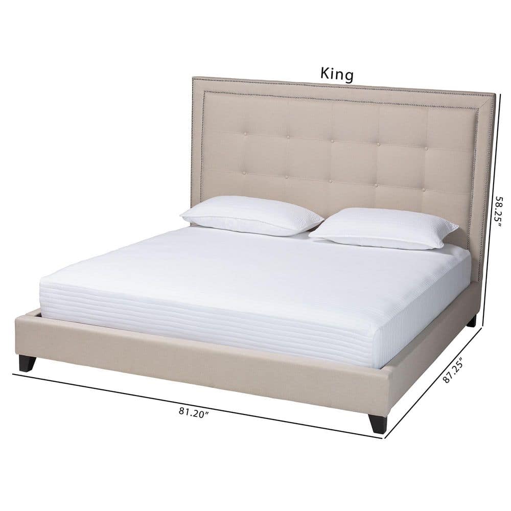 Elegant King-Sized Light Beige Linen Upholstered Bed with Nailhead Trim
