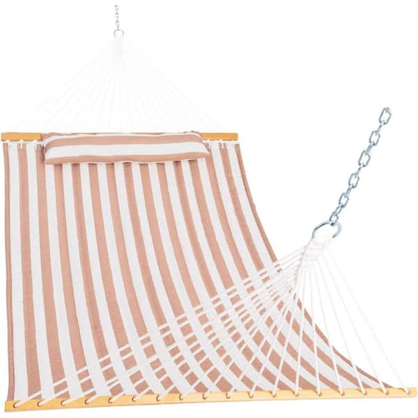 Unbranded 12 ft. Quilted Fabric Hammock with Pillow, Double 2 Person Hammock (Beige White)