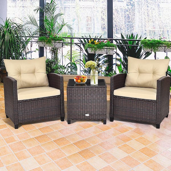 3-Piece Rattan Wicker Patio Conversation Set Sofa Coffee Table with Beige Cushions