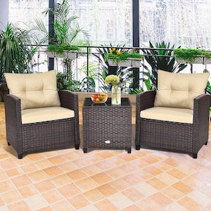 3-Piece Rattan Wicker Patio Conversation Set Sofa Coffee Table with Beige Cushions