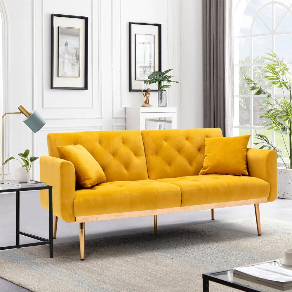 GOJANE 63.78 in. Mango Color Round Arm Velvet 2-Seater Loveseats with ...