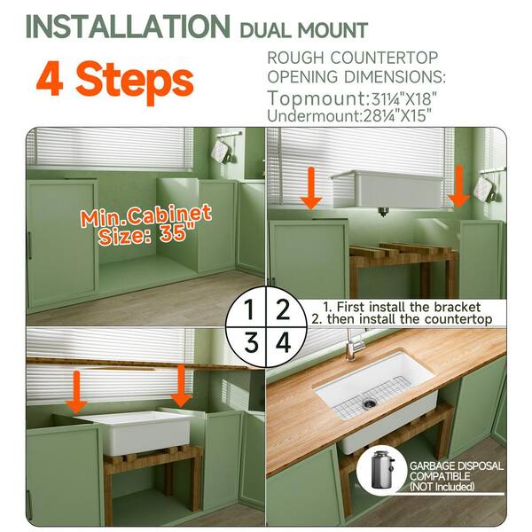 Kuomih White Fireclay 32 in. Single Bowl Undermount/Drop-In