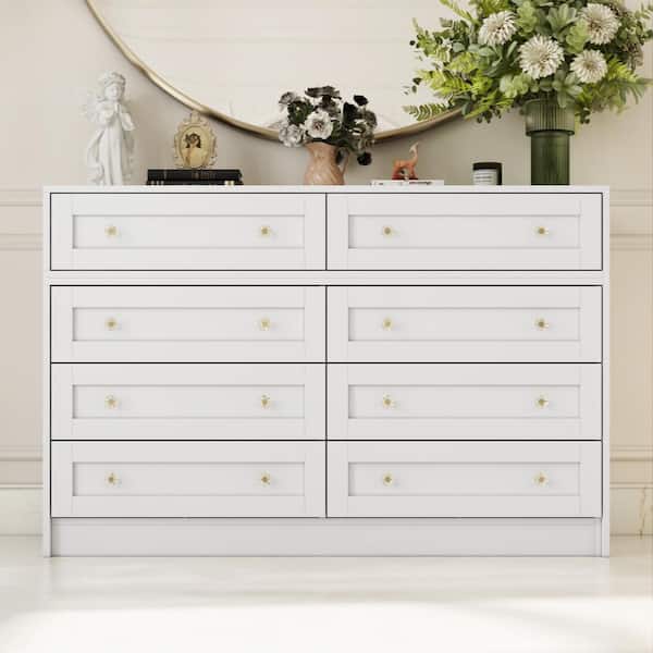 White 8-Drawer 47.8 in W Retractable Dresser Makeup Vanity Desk Bedroom Storage Organizer with Rotatable Table