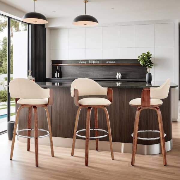Armen Living Daxton 30 in. Bar Height Stool w/ High Back Cream Faux Leather and Walnut Wood