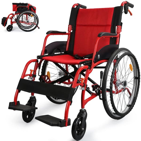 Folding Manual Wheelchair with Lightweight Aluminum Frame, Dual Brakes, Breathable Mesh Seat & Anti-Tip Safety, Red