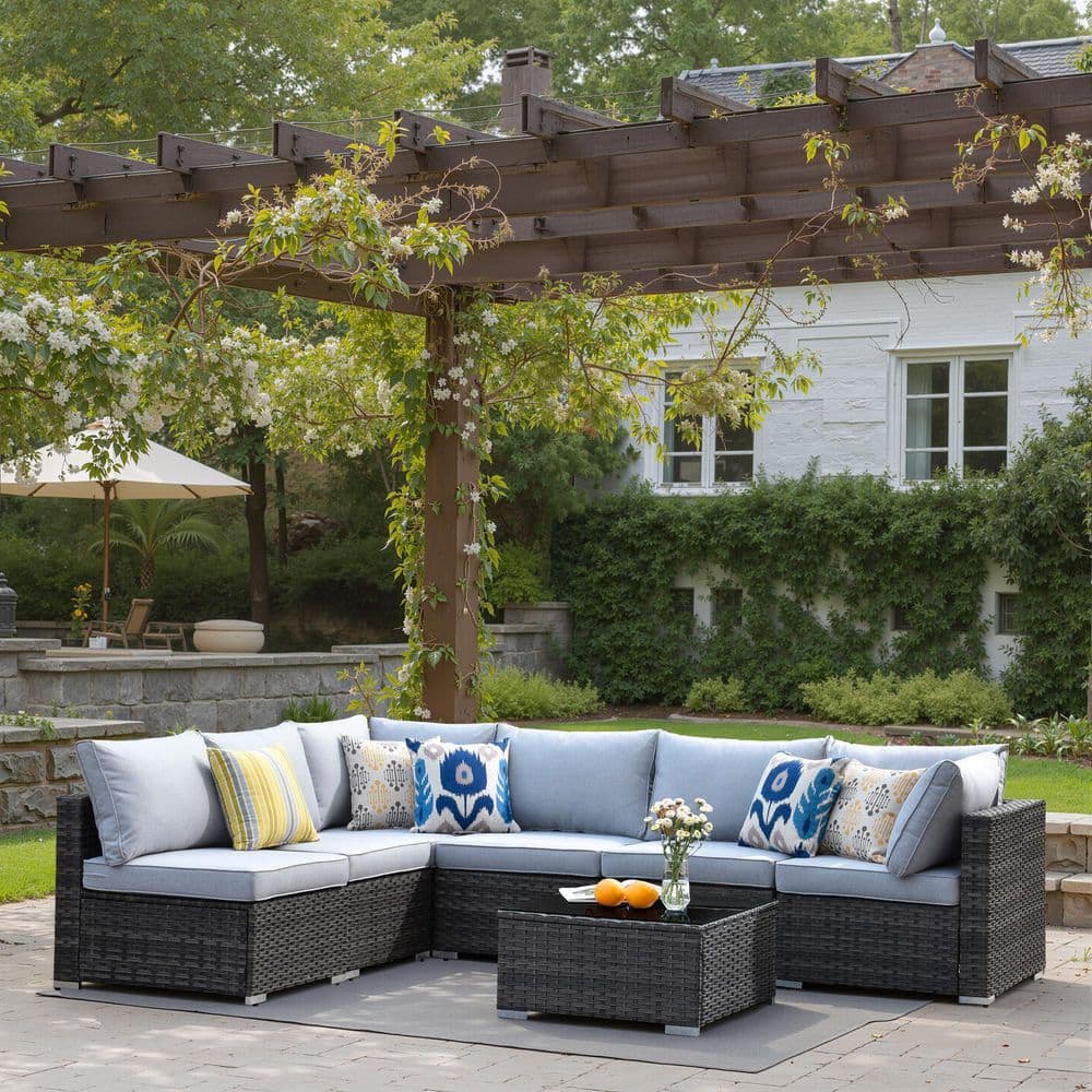 Hoppie Gray 7-Piece Wicker Outdoor Sectional Set with Gray Cushions price history on PriceWatchPro