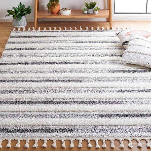 Moroccan Tassel Shag 4 ft. x 6 ft. Ivory/Gray Striped High-Low Area Rug