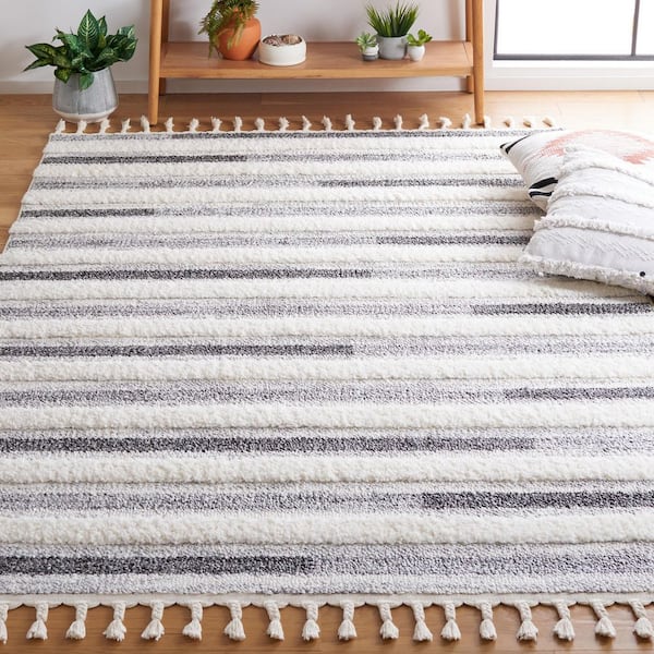 Moroccan Tassel Shag 5 ft. x 8 ft. Ivory/Gray Striped High-Low Area Rug