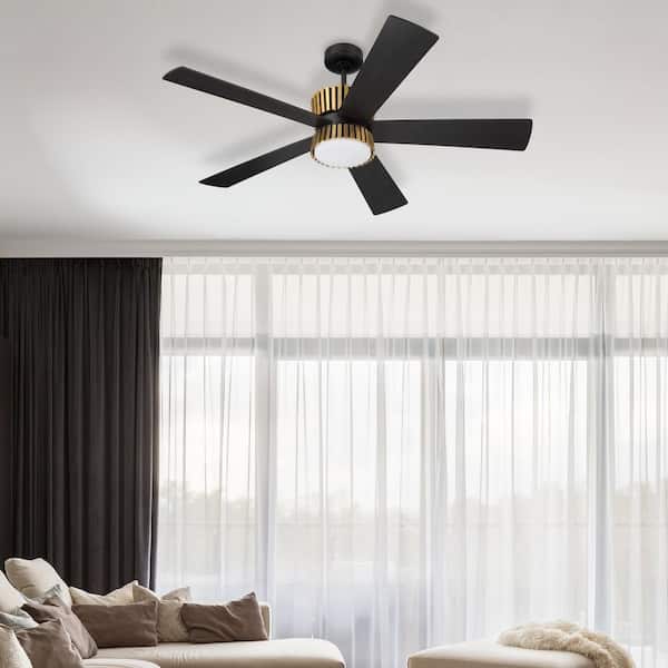 52 in. Satin Brass, Flat Black/Black Walnut Blades Angled Mount Standard Ceiling Fan w/ Integrated LED & Remote Included